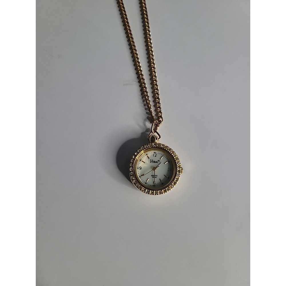 Accutime Quartz Pendant Necklace Watch Gold Tone Rhinestone Bezel Working Vintag